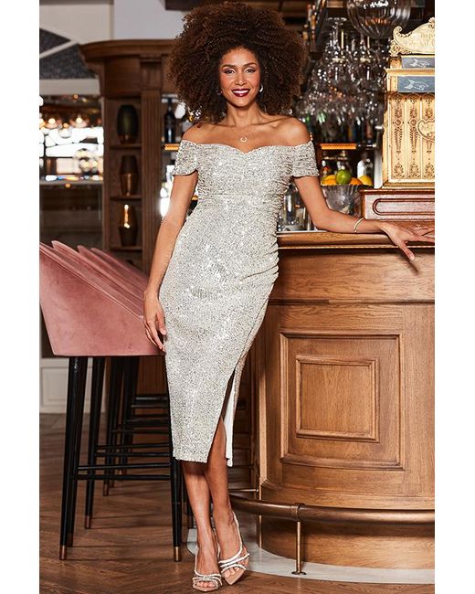 Sosandar Brown Champagne Sequin Bardot Midi Dress