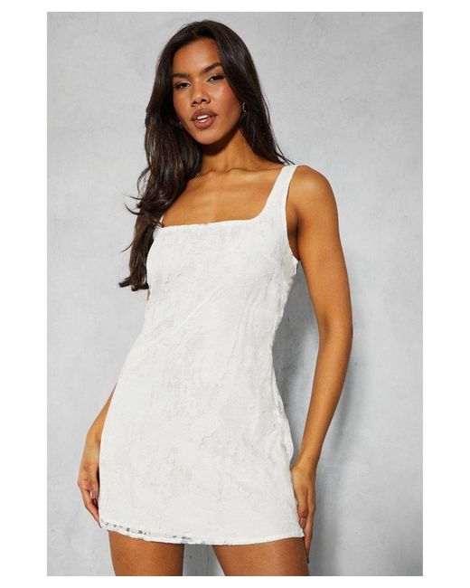 MissPap White Textured Square Scoop Neck A-Line Mini Dress