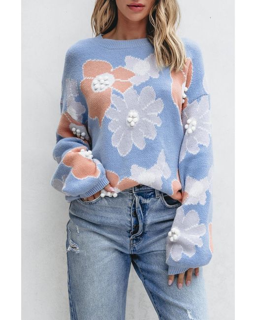 Azura Exchange Blue Floral Knit Pullover Sweater