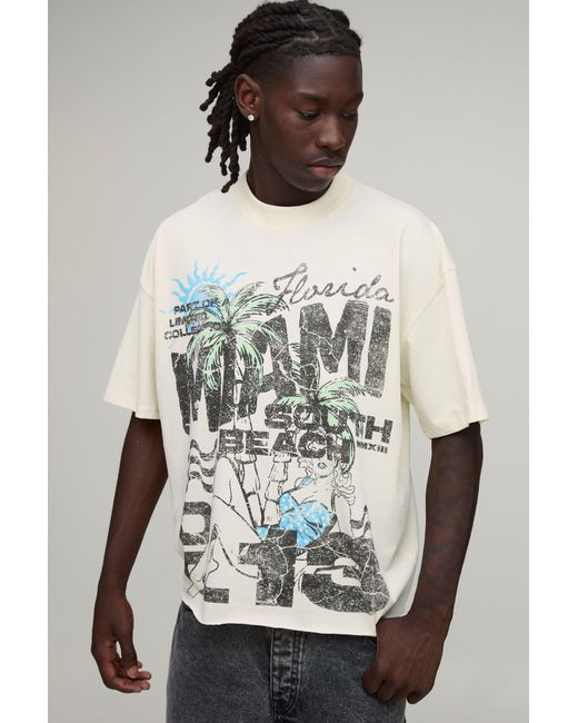 BoohooMAN Multicolor Oversized Boxy Miami Print Raw Hem T-Shirt Cotton for men