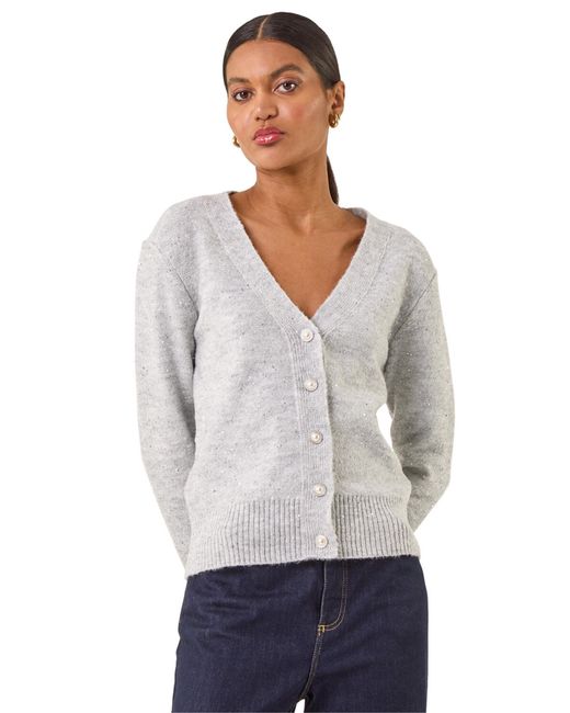Roman White Sequin V-Neck Buttoned Cardigan