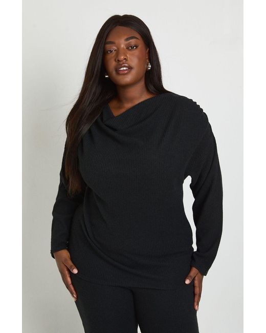 Boohoo Black Plus Brushed Rib Ruched Shoulder Detail Top And Wide Leg Trousers