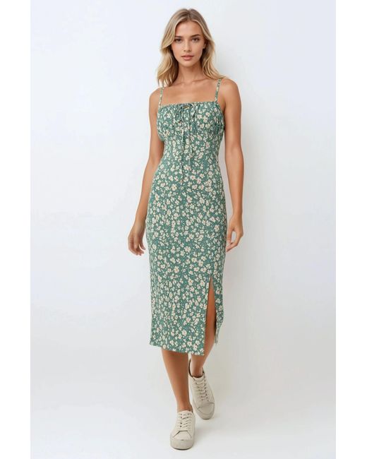 Hiccup Green Allover Flower Print Bodycon Midi Dress With Slit
