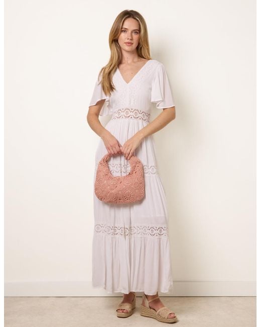 Blue Vanilla Natural V-Neck Tiered Crochet Detail Maxi Dress