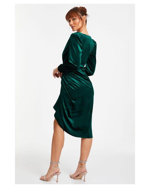 Quiz Green Bottle Velvet Ruched Wrap Midi Dress