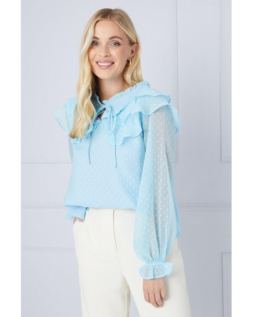 Wallis Blue Petite Dobby Ruffle Tie Neck Blouse