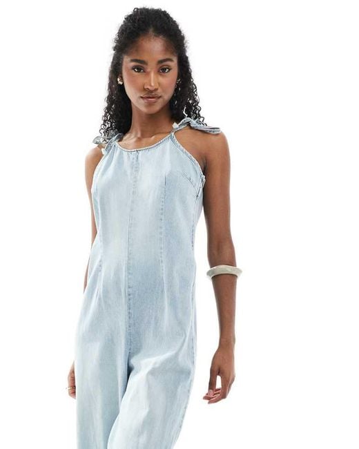 Monki Blue Lightweight Denim Halter Neck Jumpsuit