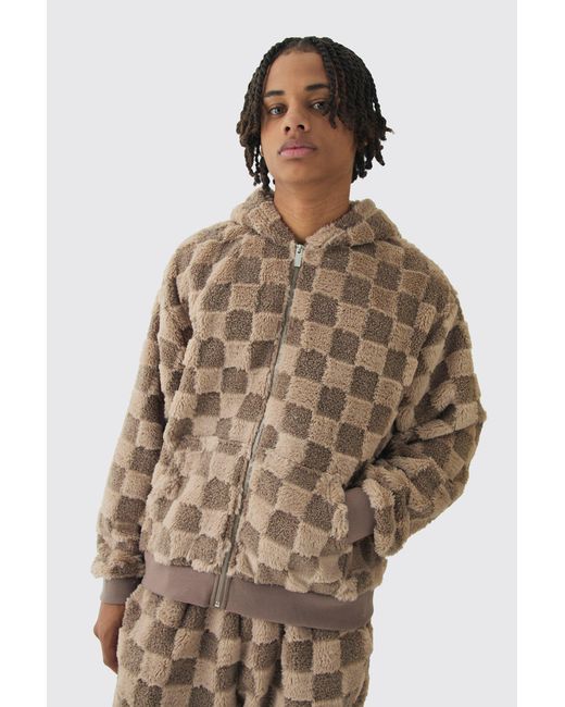 BoohooMAN Natural Oversized Boxy Zip Through Checkboard Textured Borg Hoodie for men