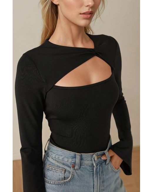 Hiccup Black Asymmetrical Neck Cut Out Detail Long Sleeve Top