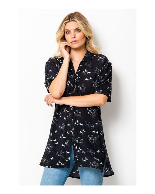 Sosandar Black Horse Print Long Line Shirt Denim