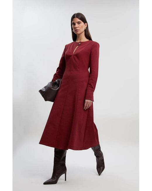 Karen Millen Red Techno Keyhole Detail Long Sleeve Trim Maxi Dress