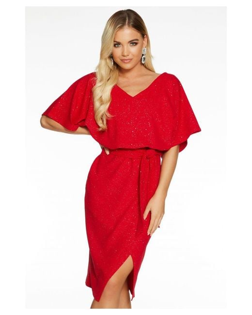 Quiz Red Glitter V Neck Batwing Midi Dress