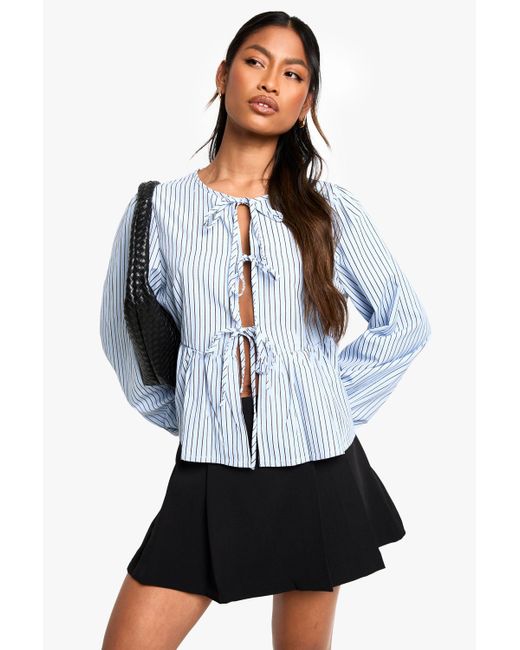 Boohoo White Stripe Tie Front Puff Long Sleeve Smock Top