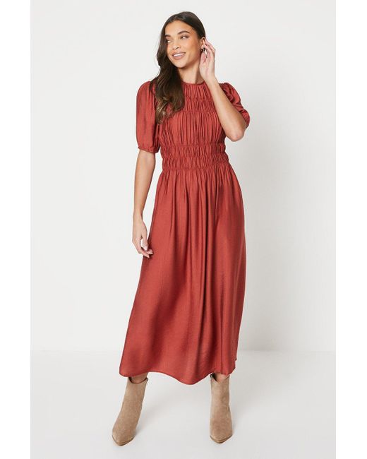 Oasis Petite Shirred Bodice Puff Sleeve Midi Dress