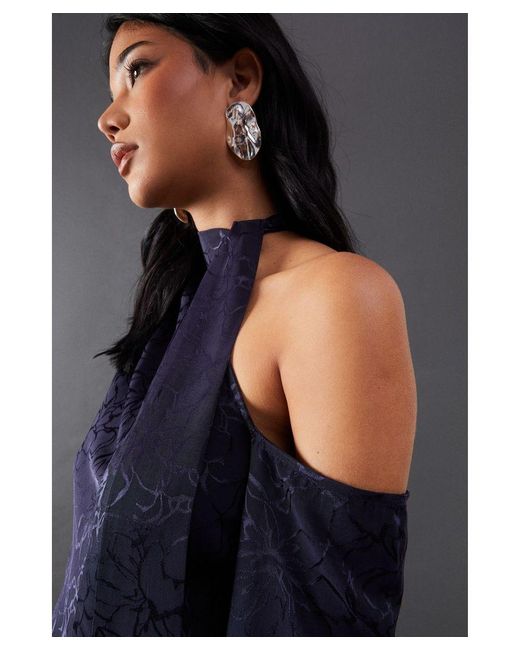 Warehouse Blue Petite Satin Jacquard Tie Neck Asymmetric Shoulder Mini Dress