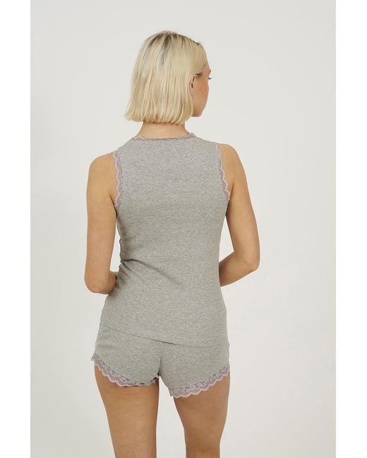 Brave Soul Gray Lace Trim Vest And Short Pyjama Set