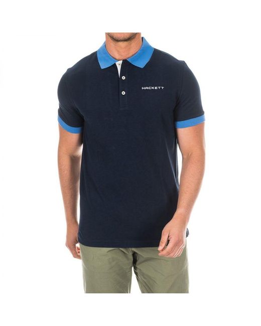 Hackett Blue Short-sleeved Polo Shirt With Contrast Lapel Collar Hmx1005d Cotton for men