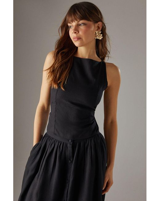 Warehouse Black Premium Linen Blend Racer Cross Back Crop Top