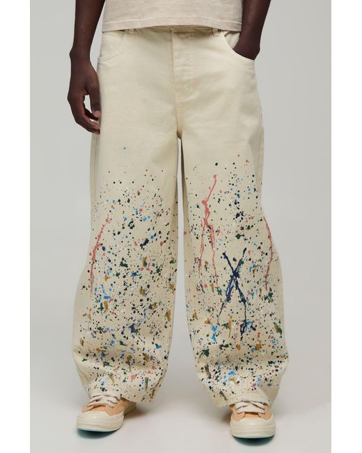 BoohooMAN Natural Barrel Leg Curve Seam Paint Splatter Trousers for men