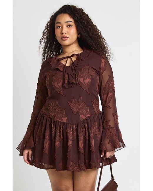 Boohoo Red Plus Floral Burnout Dipped Hem Mini Dress