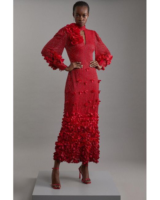 Karen Millen Red Crystal Applique Woven Maxi Dress