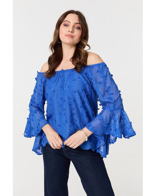 Izabel London Blue Textured Semi Sheer Bardot Blouse