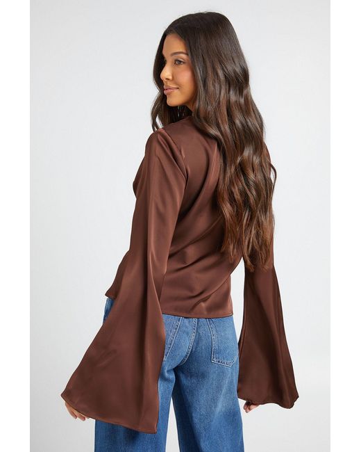 Boohoo Brown Long Sleeve Satin Cowl Neck Top