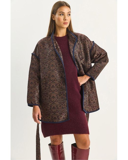 Bianco Lucci Brown Oversized Jacquard Pattern Buckle Closure Jacket