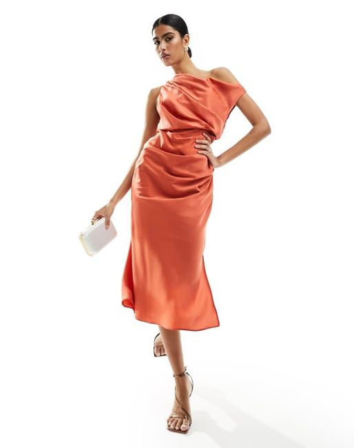 ASOS Red Satin Off Shoulder Drape Detail Midi Dress