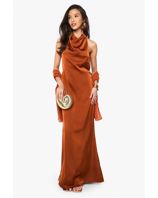 Boohoo Orange Satin Maxi Dress With Chiffon Scarf