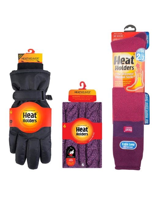 Heat Holders Purple Ladies Ski Set Neck Warmer Gloves & Thermal Ski Socks Winter Wear