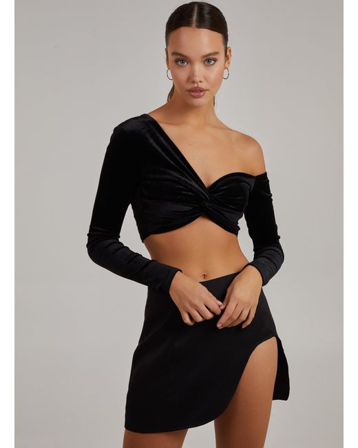 Pink Vanilla Black Velvet Twist Front One Shoulder Top
