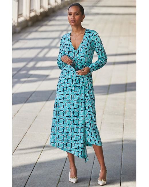 Sosandar Blue Geometric Print Blouson Sleeve Wrap Jersey Midi Dress