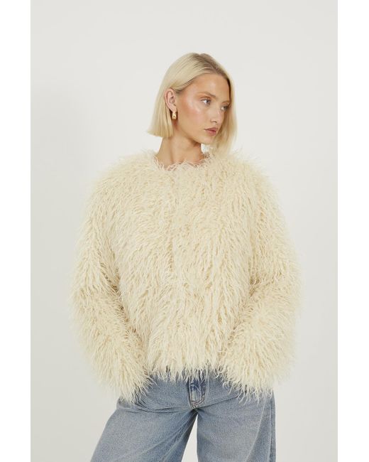 Brave Soul Natural Short Textured Faux Fur Jacket