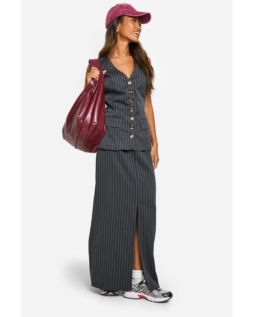 Boohoo Red Tonal Pinstripe Split Back Column Maxi Skirt