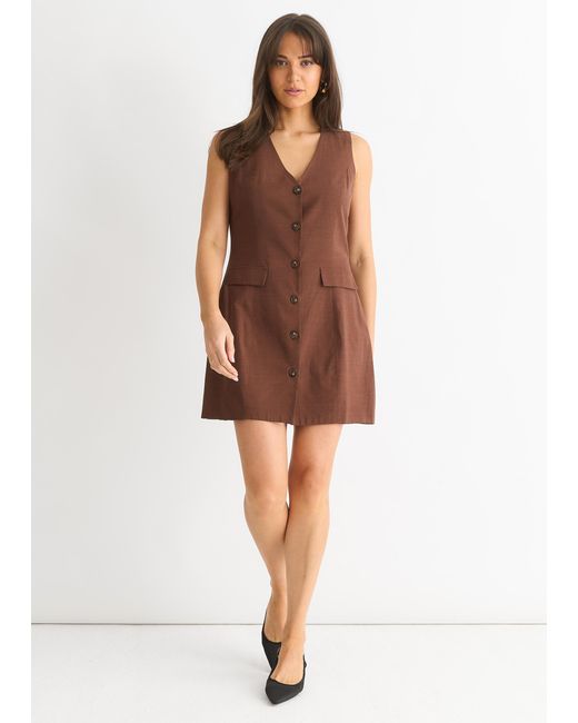 Gini London Brown Linen Button Through Mini Shirt Dress