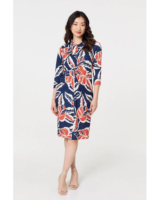 Izabel London Red Floral Ruched 3/4 Sleeve Midi Dress