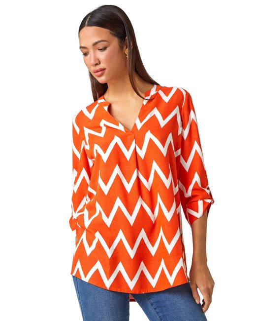 Roman Orange Zig Zag Print V-Neck Pleat Detail Tunic Top