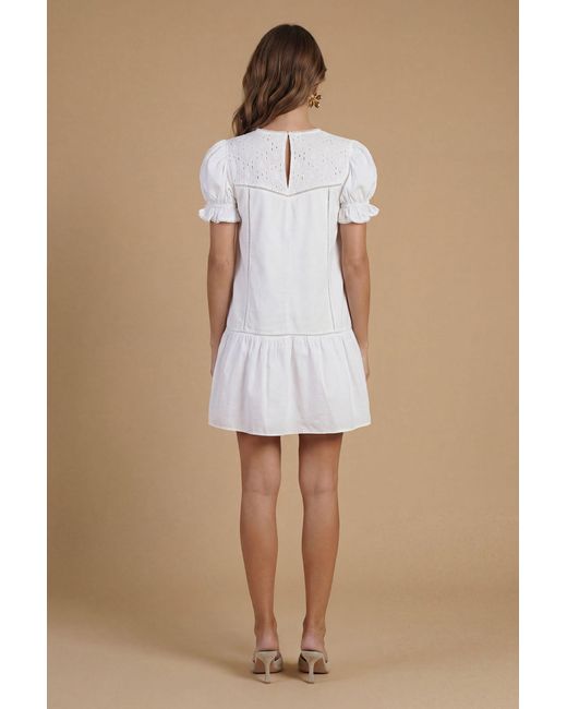 Oasis Brown Broderie Lace Trim Detail Puff Sleeve Mini Dress