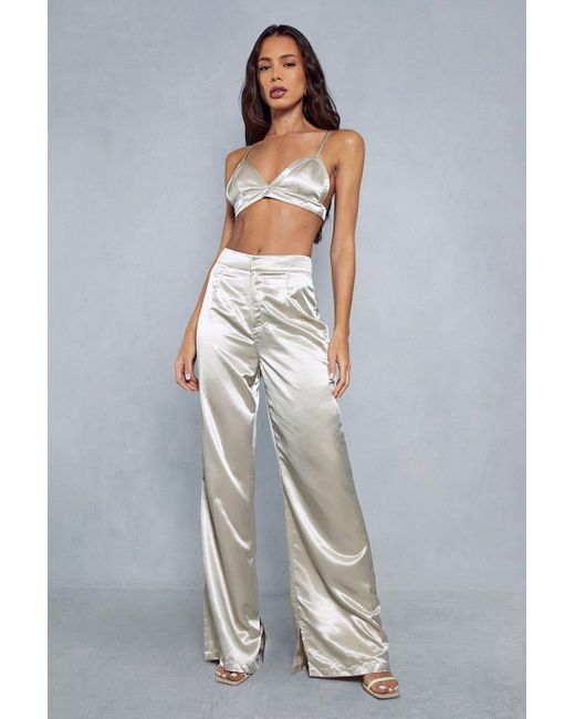 MissPap Blue Metallic Satin Triangle Bralet & Trouser Co Ord