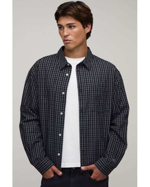 BoohooMAN Blue Oversized Boxy Midi Grid Long Sleeve Check Shirt for men