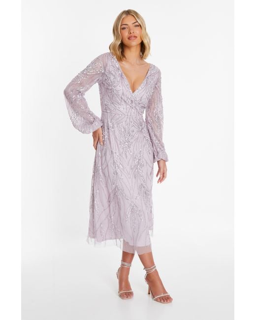 Quiz Pink Lilac Embellished Wrap Midi Dress