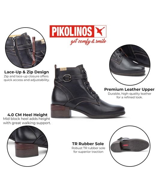 Pikolinos Black Leather Lace-Up Mid-Heel Ankle Boots