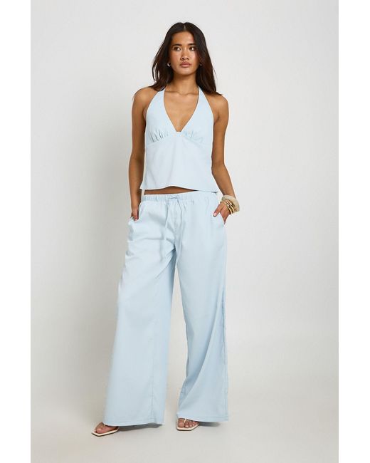 Boohoo Blue Textured Woven Halterneck And Wide Leg Trouser Set