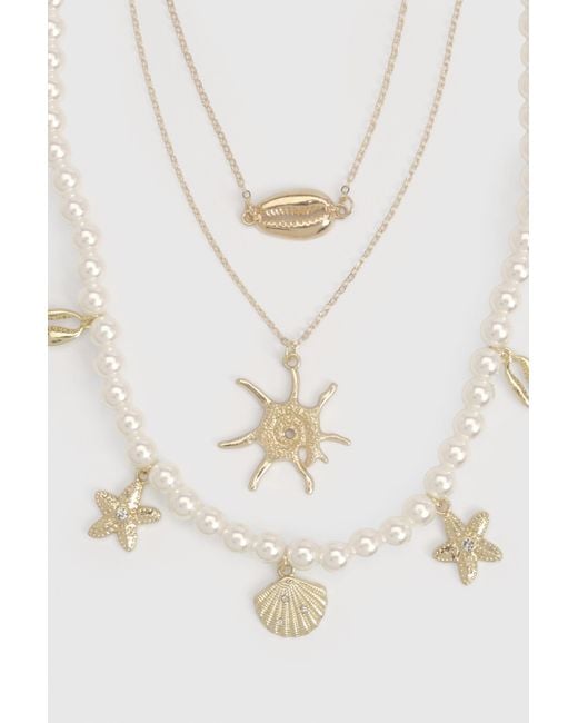 Boohoo Natural Pearl & Starfish Detail Necklaces 3 Pack