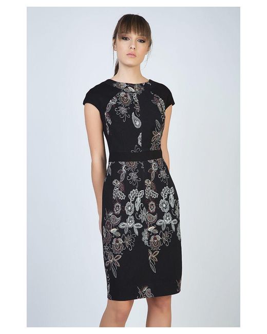 Conquista Black Print Cap Sleeve Dress With Waistband
