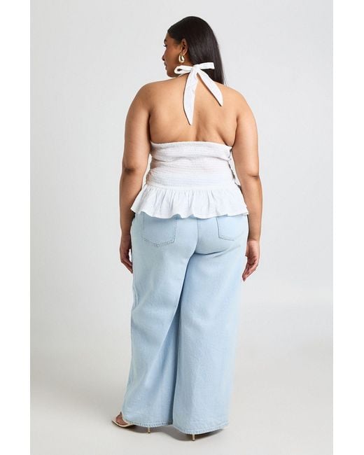 Boohoo White Plus Broidery Shirred Halterneck Top
