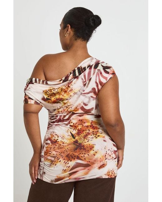 Boohoo Orange Plus Floral Print Cap Sleeve Ruched Top