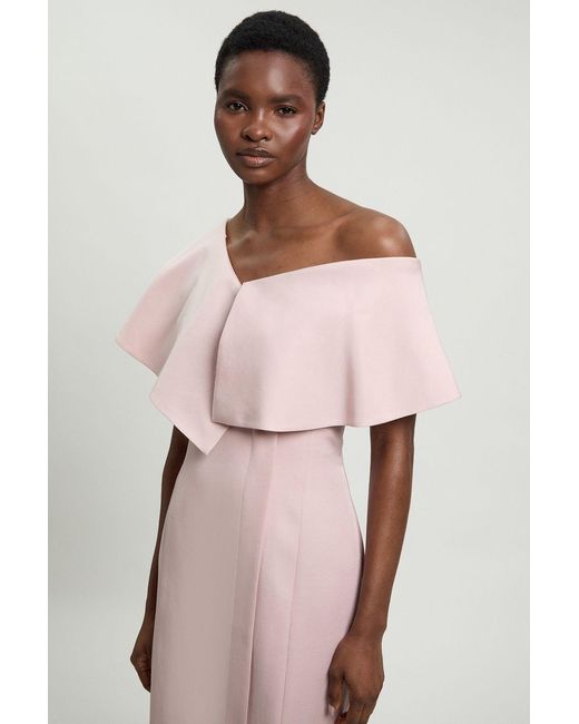 Karen Millen Pink Petite Polished Linen Blend Asymmetric Fold Detail Tailored Midi Pencil Dress