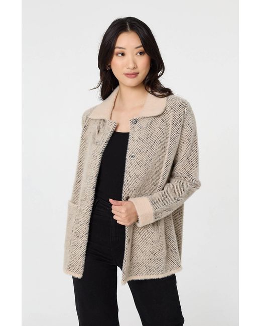 Izabel London Natural Chevron Texture Faux Fur Boxy Jacket